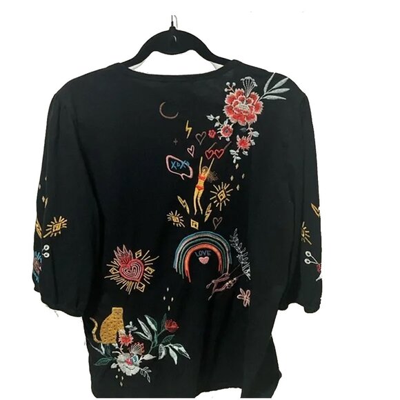 Johnny Was Ruth Puff Sleeve Floral Embroidered Tee Cotton Shirt Black Top NEW - Picture 7 of 7